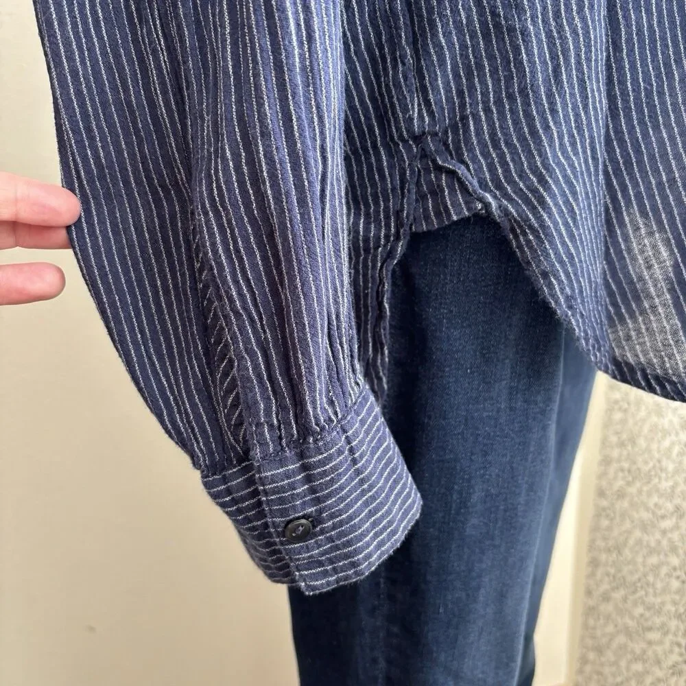 Old Navy Tunic Blouse Womens L Navy White Stripe 100% Cotton Button Front